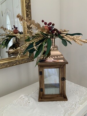 Copper finish wood lantern with Botanical Luxe Forest topper