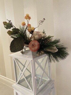 White wood criss-cross window lantern with Tropical Enchanted Forest topper