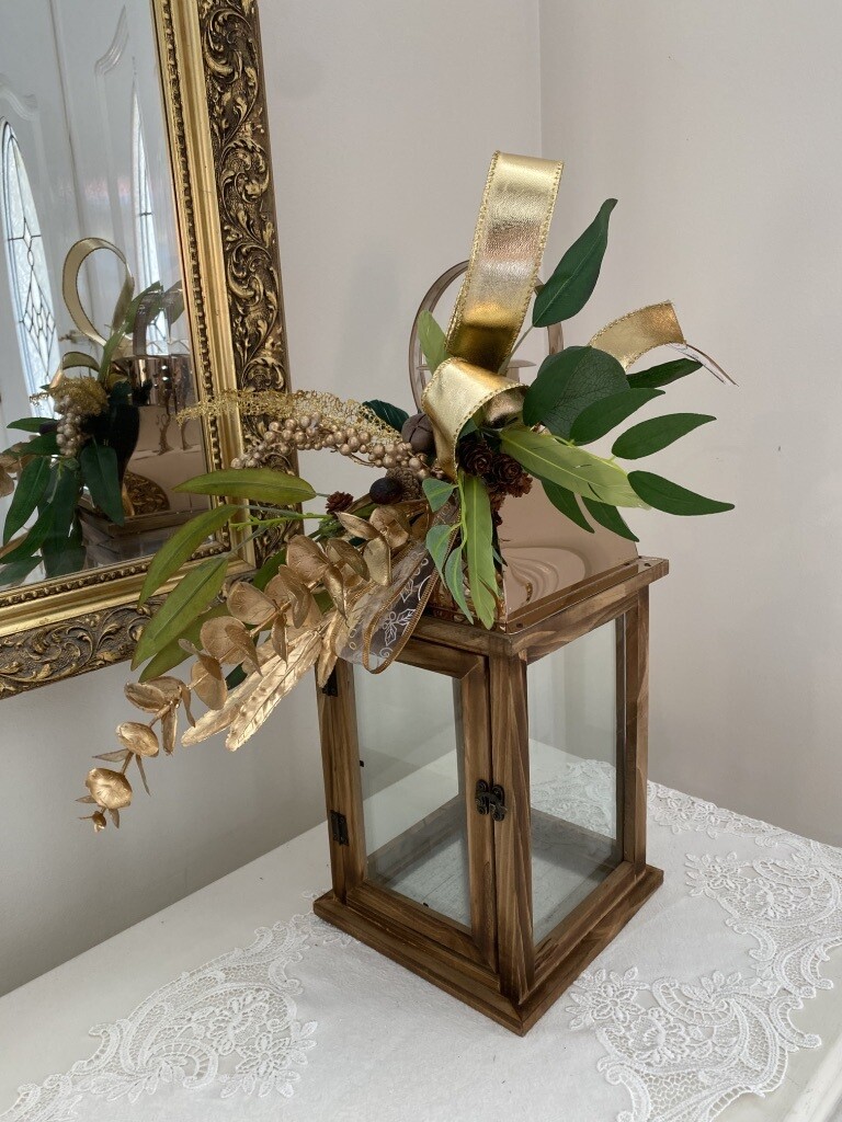 Botanical Luxe green & gold Copper-top wooden lantern