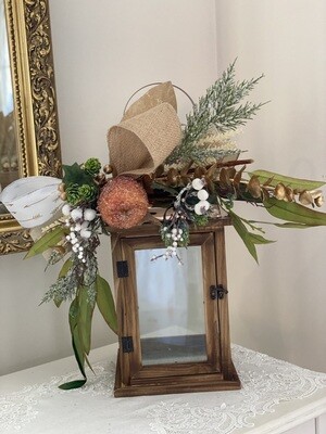 Copper finish wood lantern with Soft Botanical Forest Fruit Luxe topper