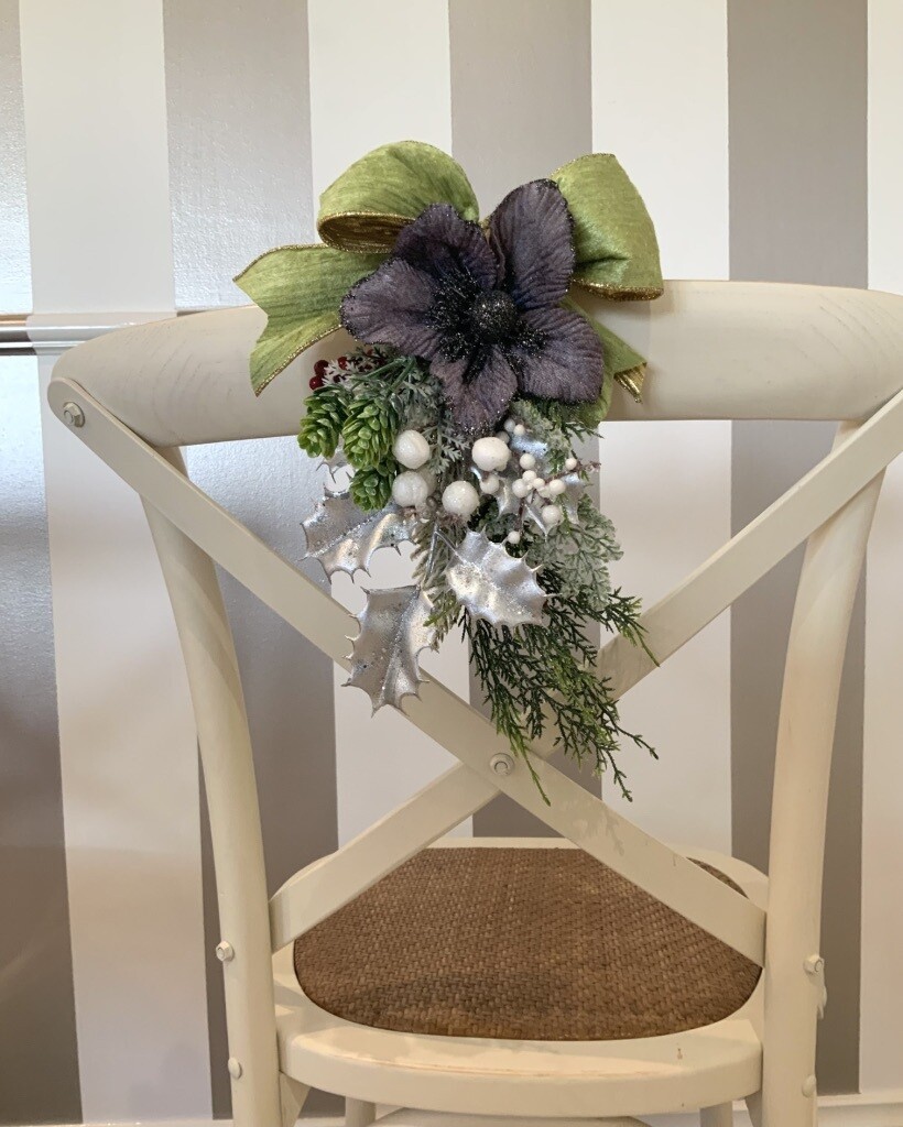 Versatile Luxe Mini Swag w/ satin ribbon tails in frosted forest silver purple grey & soft green