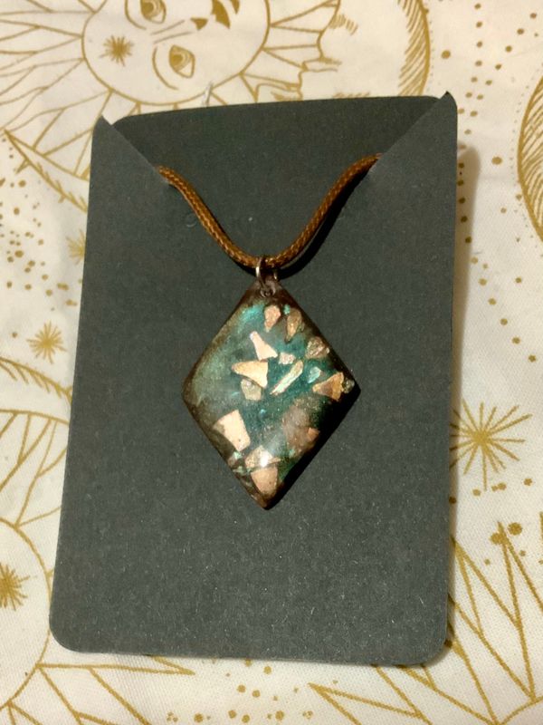 Diamond Shaped Brown Colored Art Pendant with Flashes of Aqua-Blue