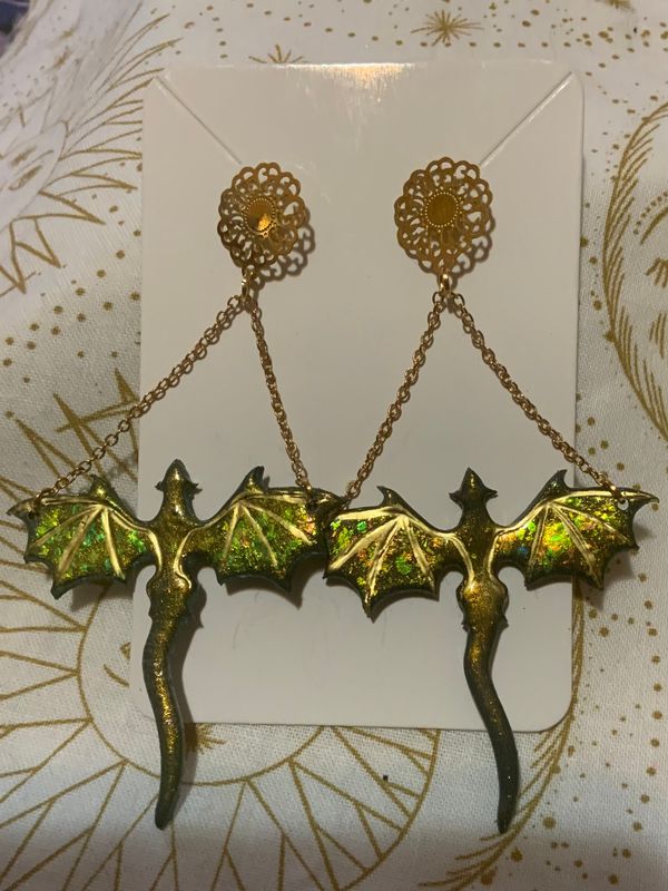 Gold and Green Soaring Dragon Dangle Post Style Earrings