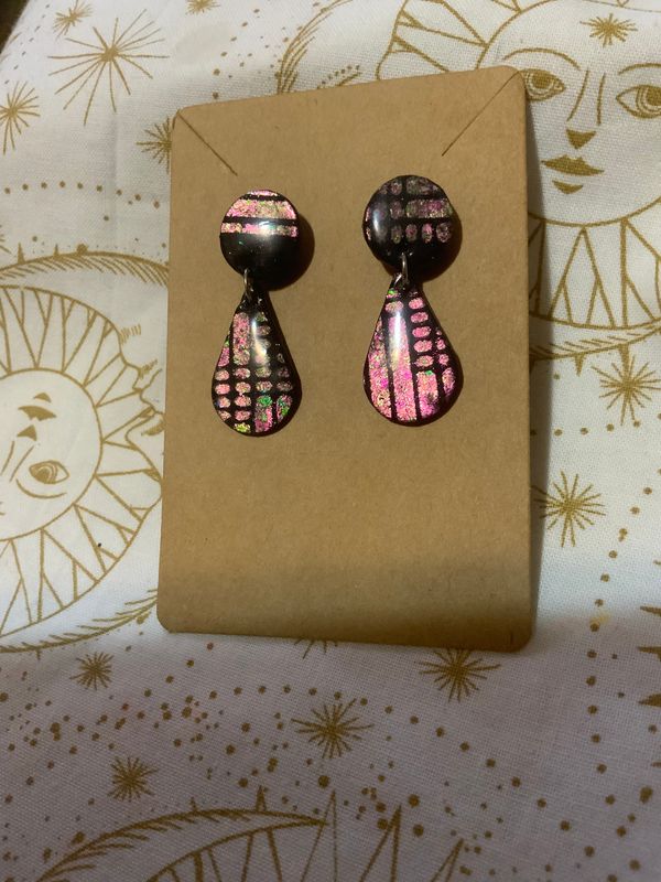 Bright Green and Pink  Color-Shifting Tear Drop Dangle Post Earring