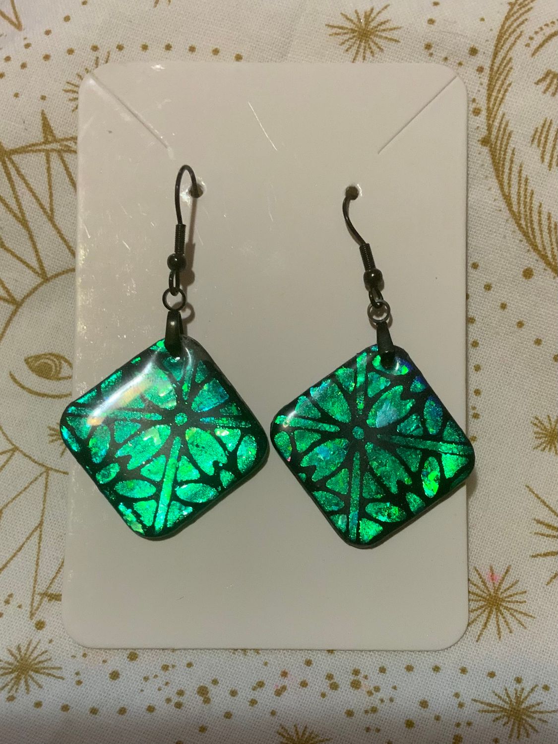 Rotated Square Metallic Deigned Green and Teal Color-Shifting Hook Style Dangle Earring