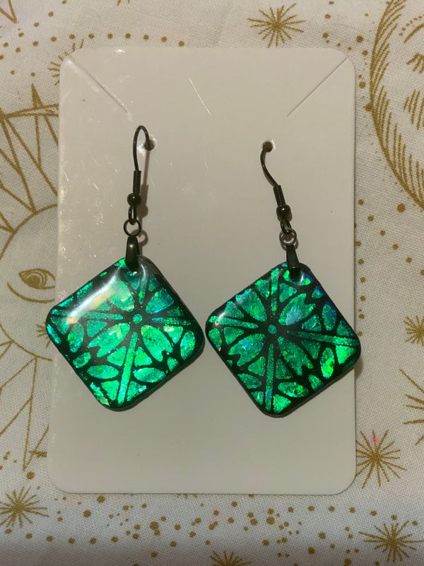 Rotated Square Metallic Deigned Green and Teal Color-Shifting Hook Style Dangle Earring