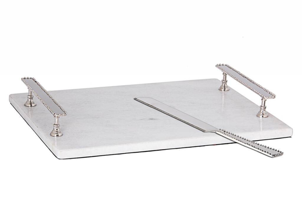 White Marble Challah Board w/ Beaded Handles + Knife