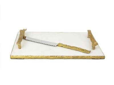 White Marble Challah Board W/ Gold Crumbled Handles
