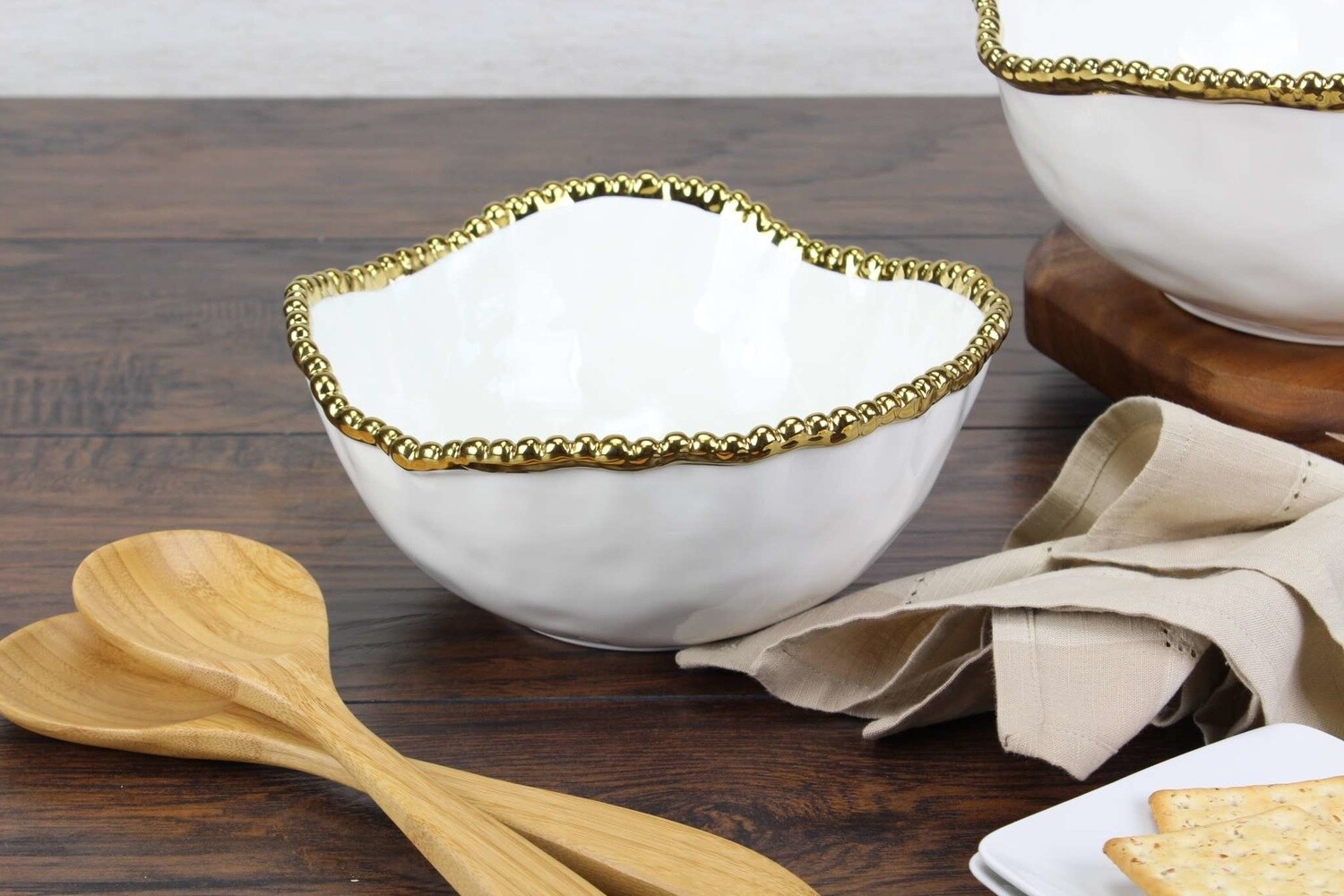 Ceramic Beaded White / Gold Medium Salad Bowl