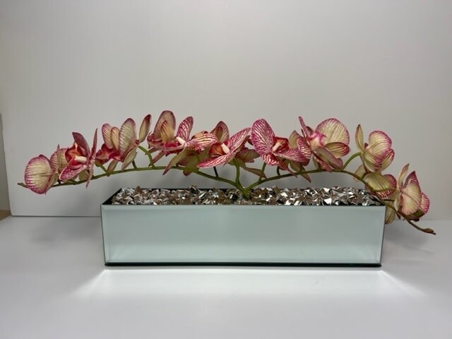 18" Mirror Vase with Arched Pink/White Orchids