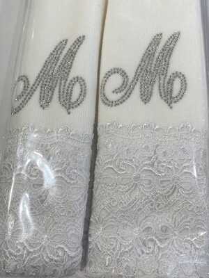 2 White Towels with Diamonds Letter M