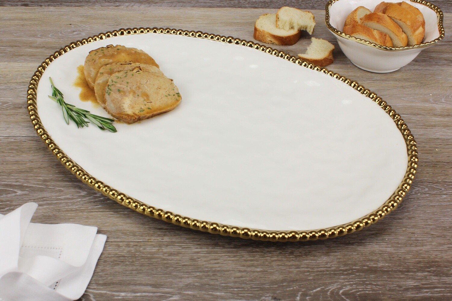 Large Ceramic Beaded White / Gold Oval Platter