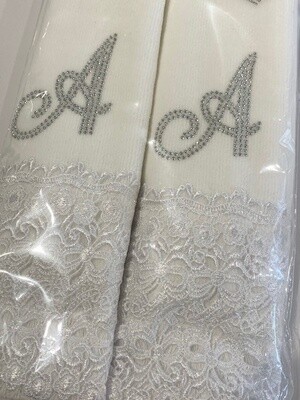 2 white towels with diamonds Letter A