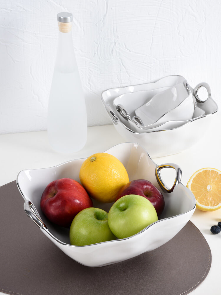 Handle White &amp; Silver Large Bowl