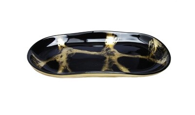 10.5" Black And Gold Marbleized Oval Platter