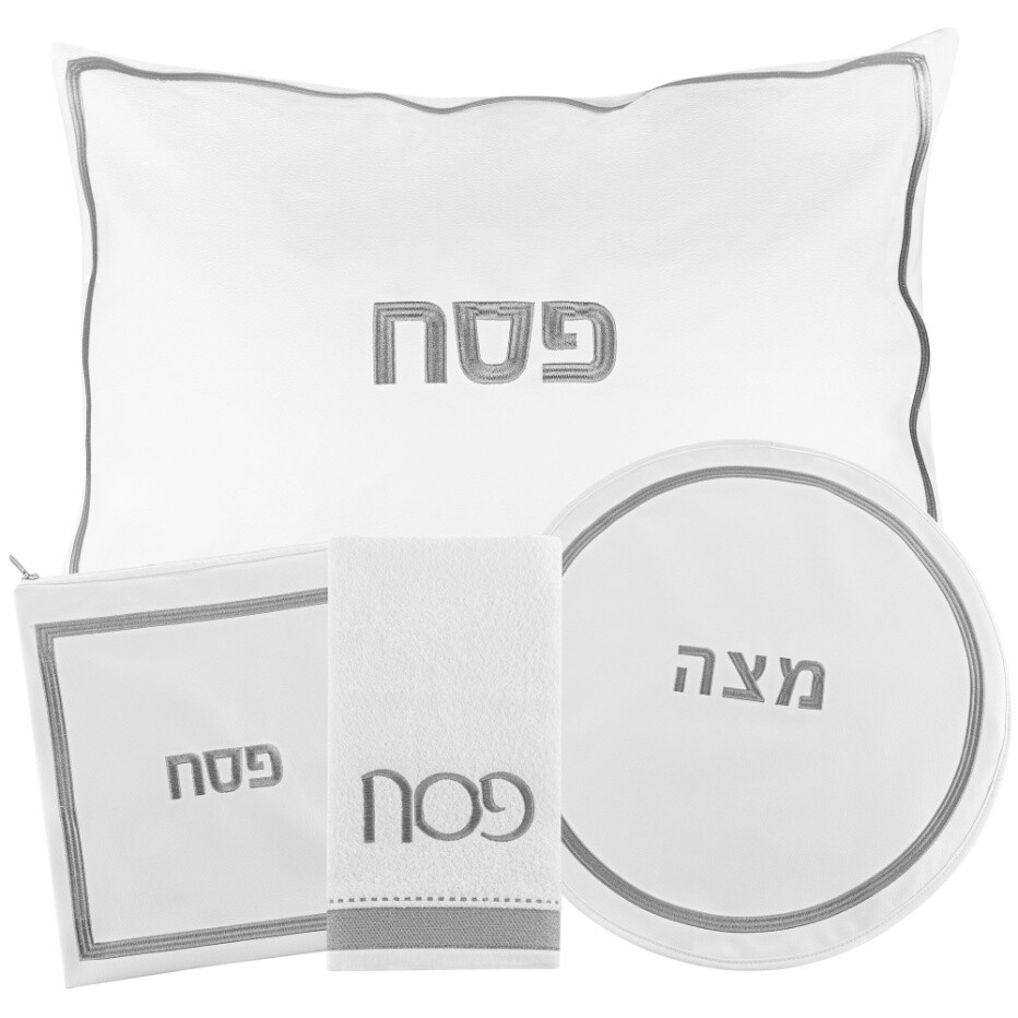 Leather Pesach Set Hotel Style White/Silver