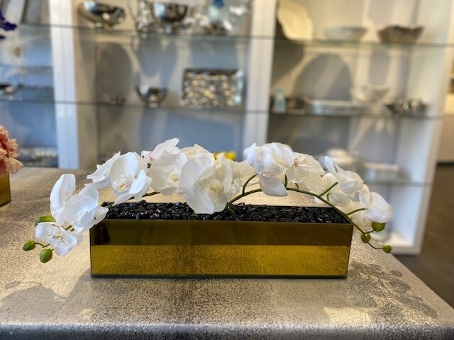18&quot; Gold Mirror Vase with Arched White Orchids