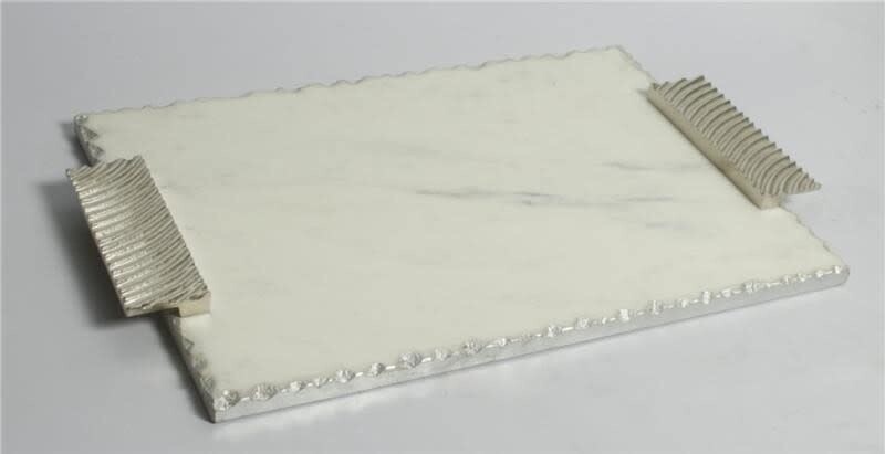 White marble challah Board w Silver Wave Handle