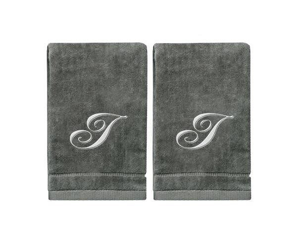 2 Dark Gray Towels with Silver Letter I