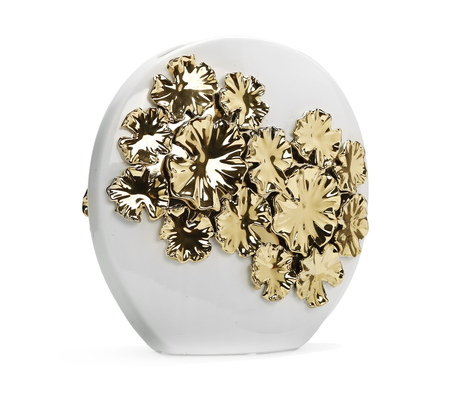 12" White Round Vase With Gold Flower Design