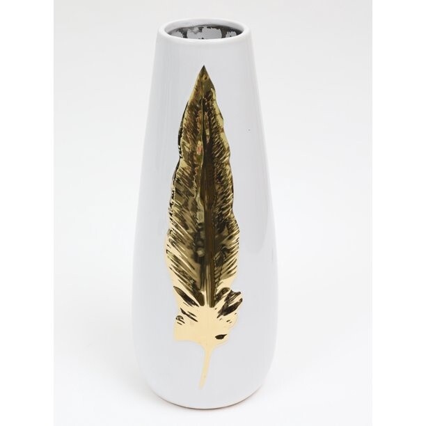 Large White Ceramic Vase With Gold Leaf