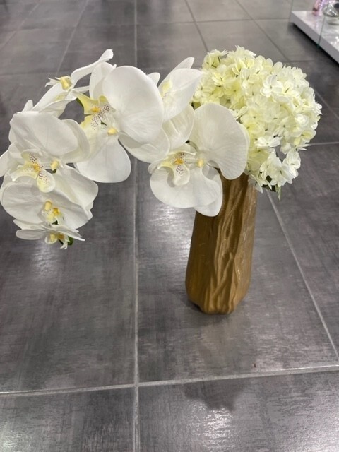 Small Gold  Branch Vase with White Flowers