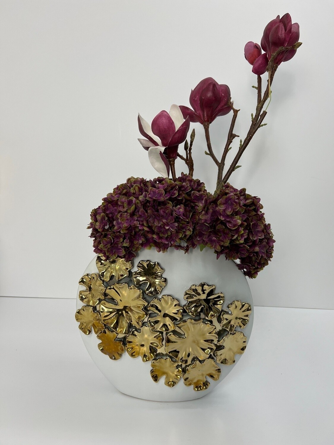 12&quot; White vase with gold flowers with purple flowers