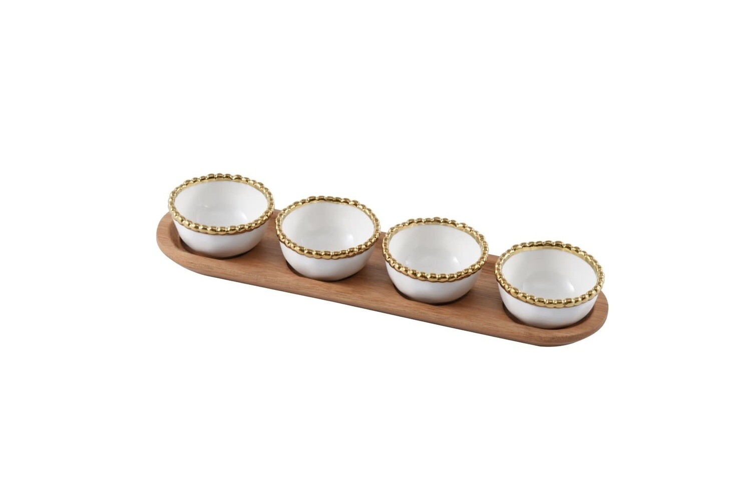 Gold Beaded Round Bowls with Wood Tray