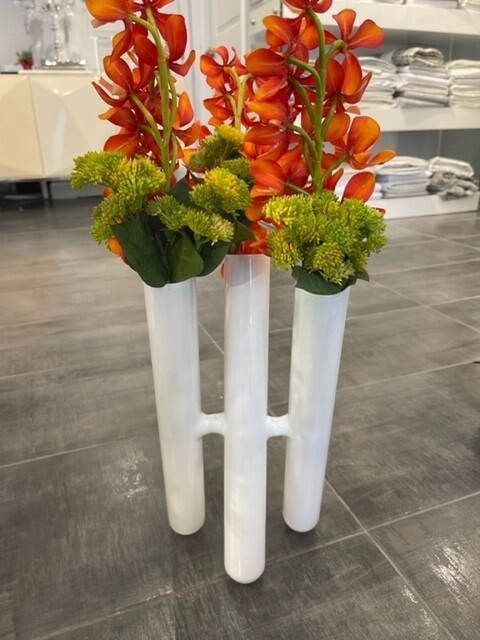 Three White Tube Vase with Orange/Green Flowers