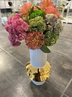 White Vase With Gold Rings and Sedum Flowers