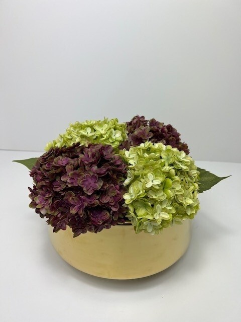 Purple & Green Hydrangeas in SM Round Gold Vase