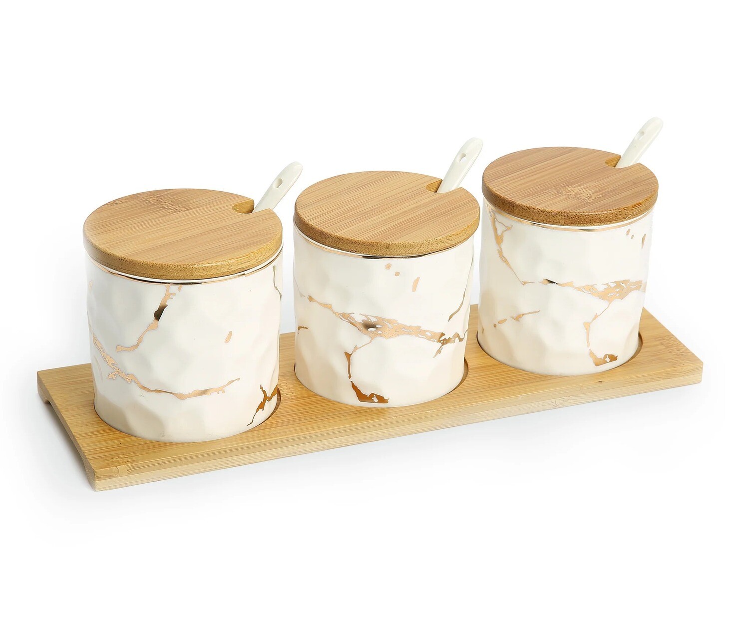 3 White/Gold Porcelain Relish Dish with Wood