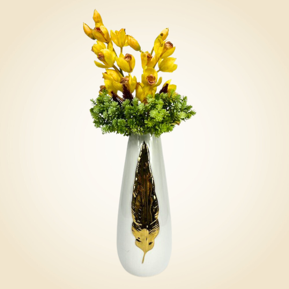 Medium White Ceramic Vase With Gold Leaf and Flowers