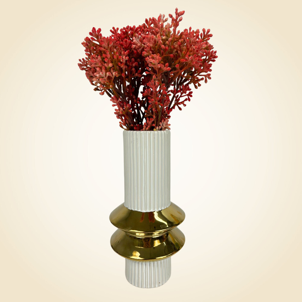 White Vase With Gold Rings and Pink Sedum Flowers