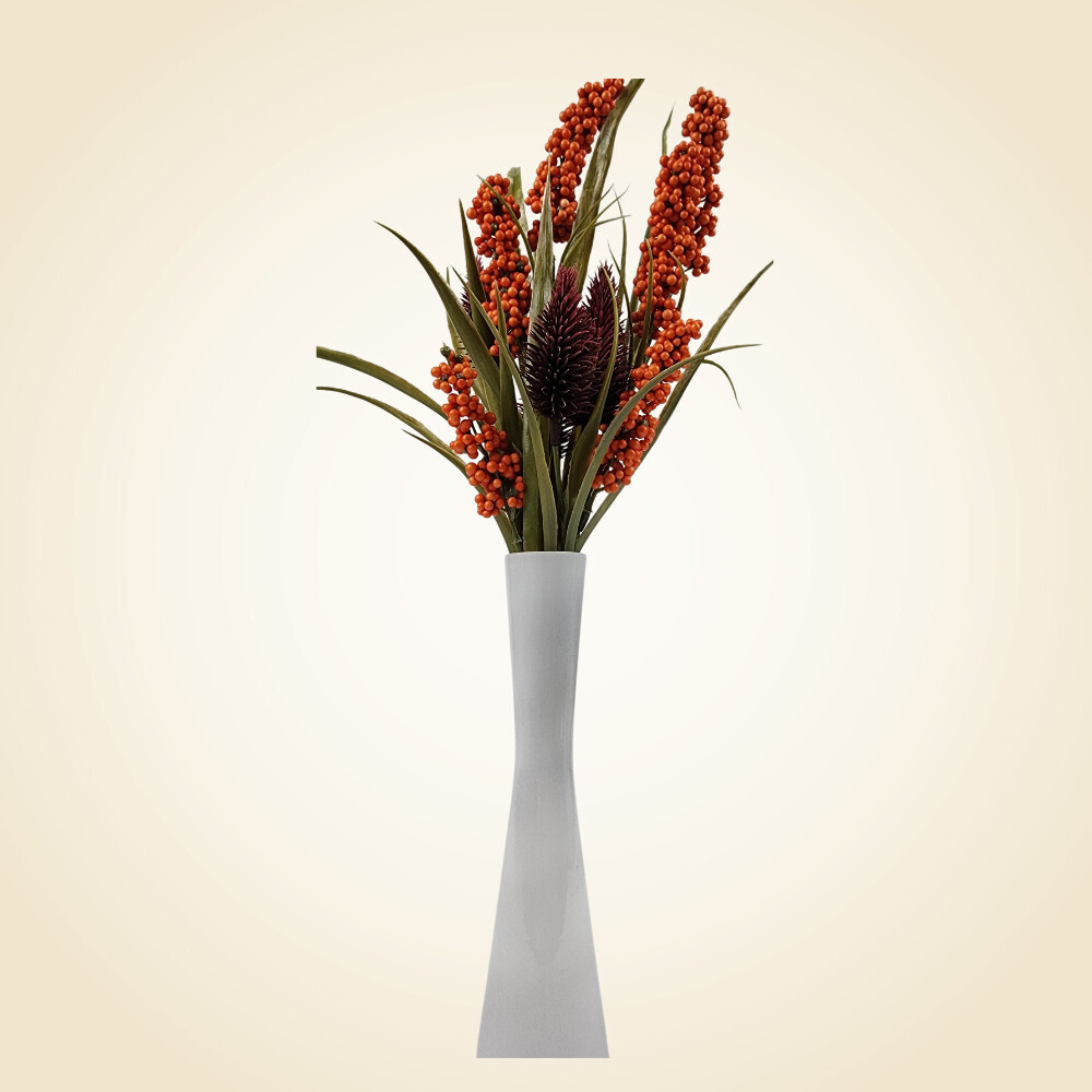 White Bud Vase with Thistle and Berry Grass Flowers
