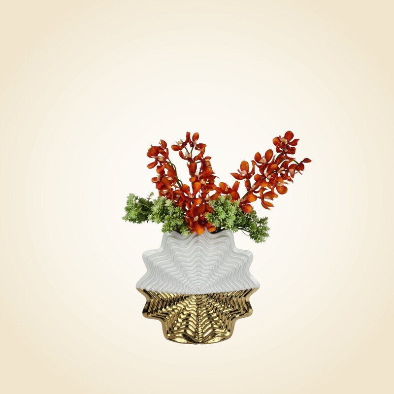 White &amp; Gold Star Vase with Orange and Green Flowers