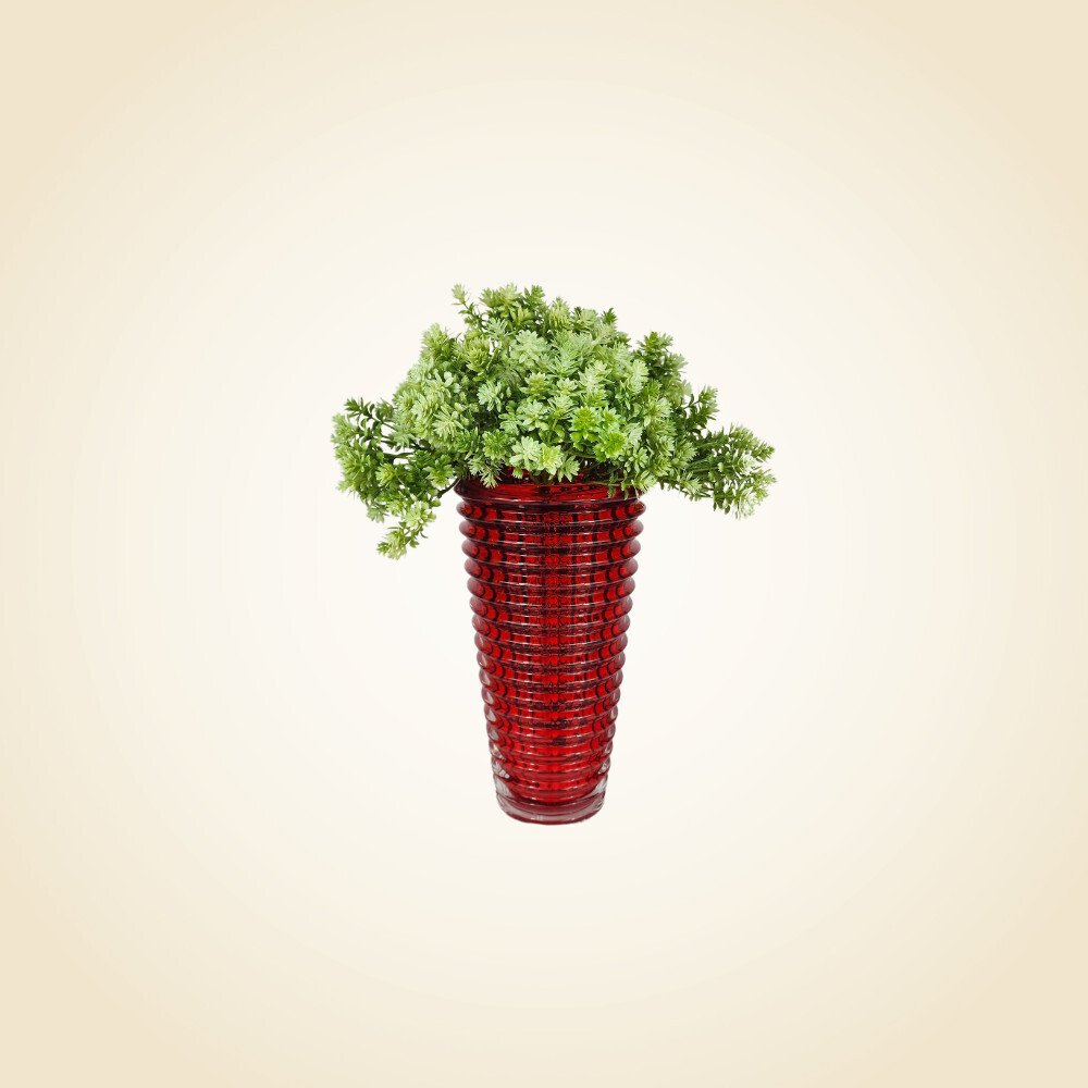 Jewel Red Glass Vase with Green Flowers