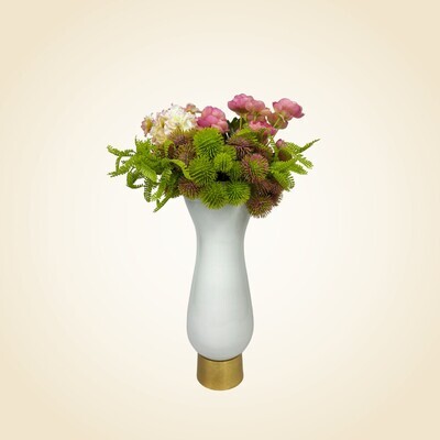 White Glass Vase with Gold Base Flowers
