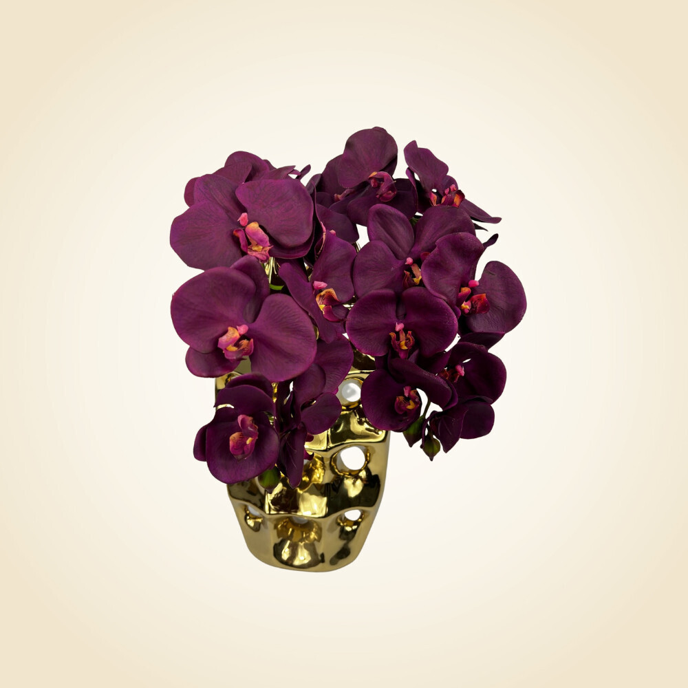 Gold Ceramic Vase 19 x 10 with Maroon Orchids