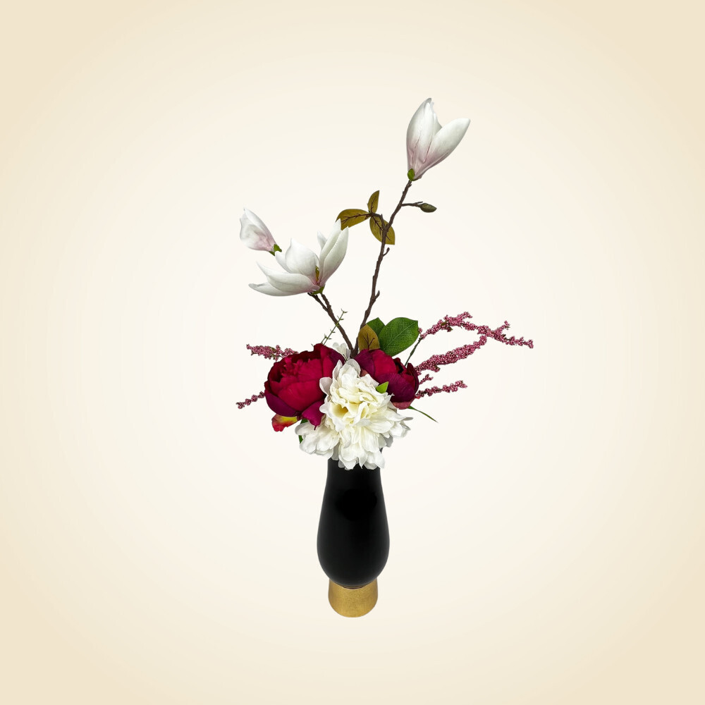 Black Glass Vase with Gold Base And Flowers