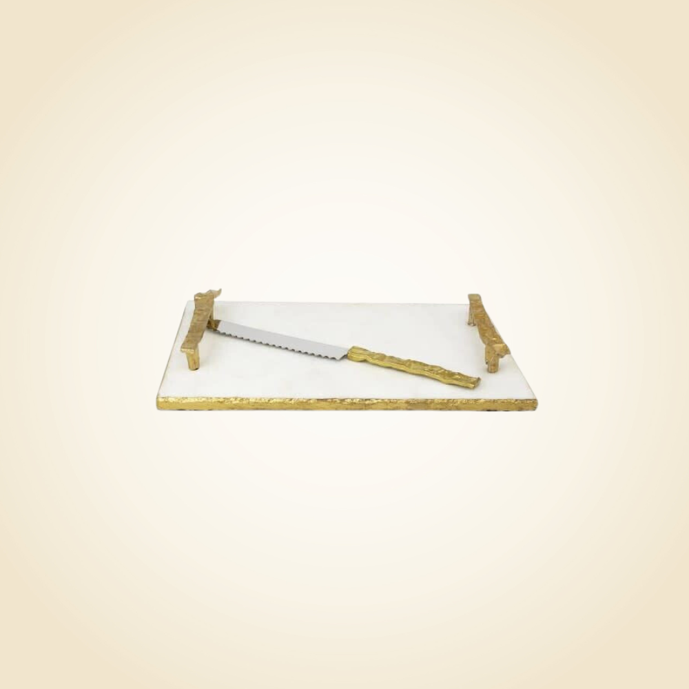 White Marble Challah Board W/ Gold Crumbled Handles