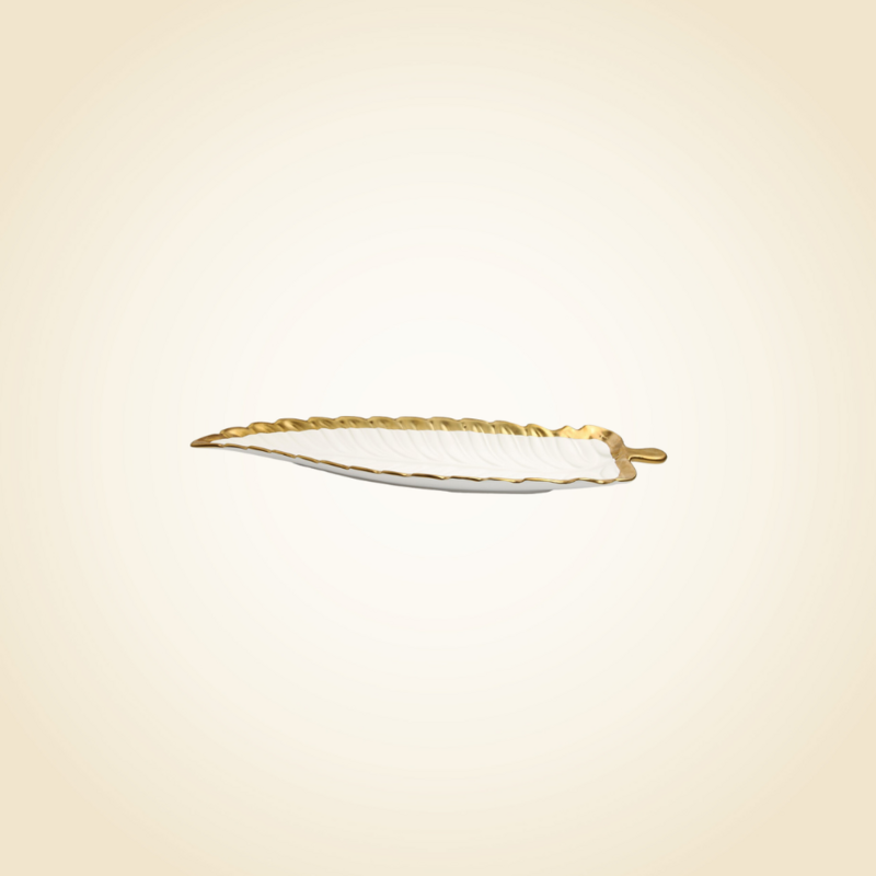 Large White Leaf Dish with Gold Rim