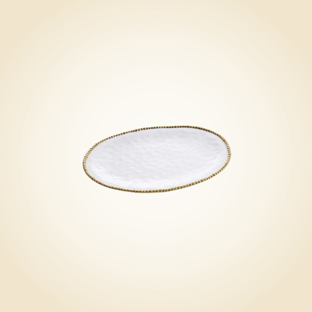Large Ceramic Beaded White / Gold Oval Platter