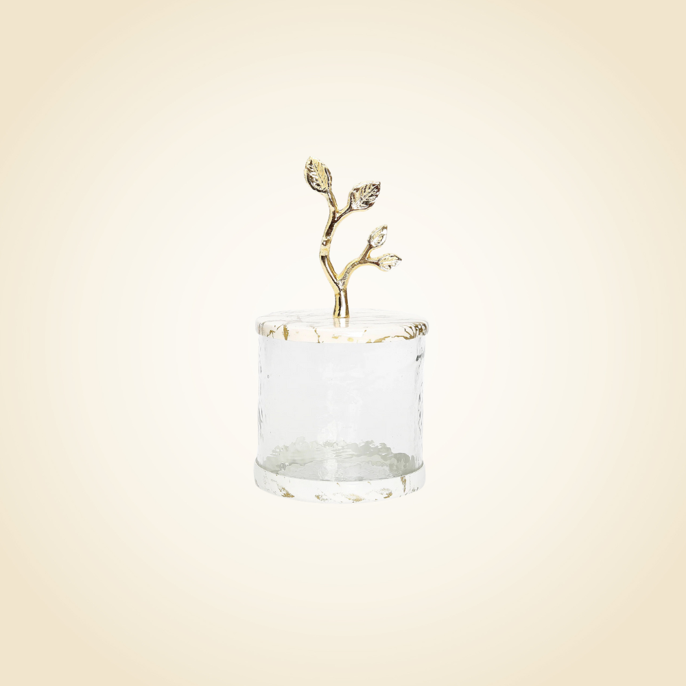 Small Marble Lucite Canister With Leaf Handle