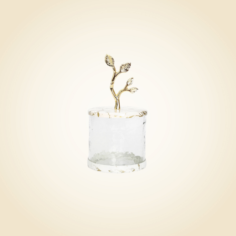 Small Marble Lucite Canister With Leaf Handle