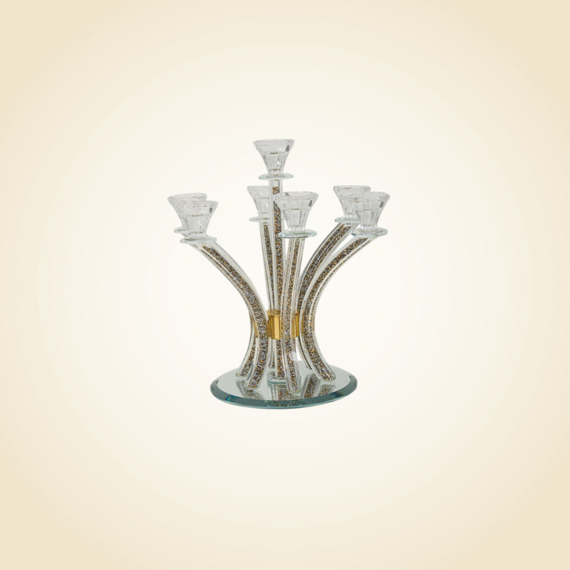 Gold Crystal Filled 7 Branch Candelabra on Mirror Base
