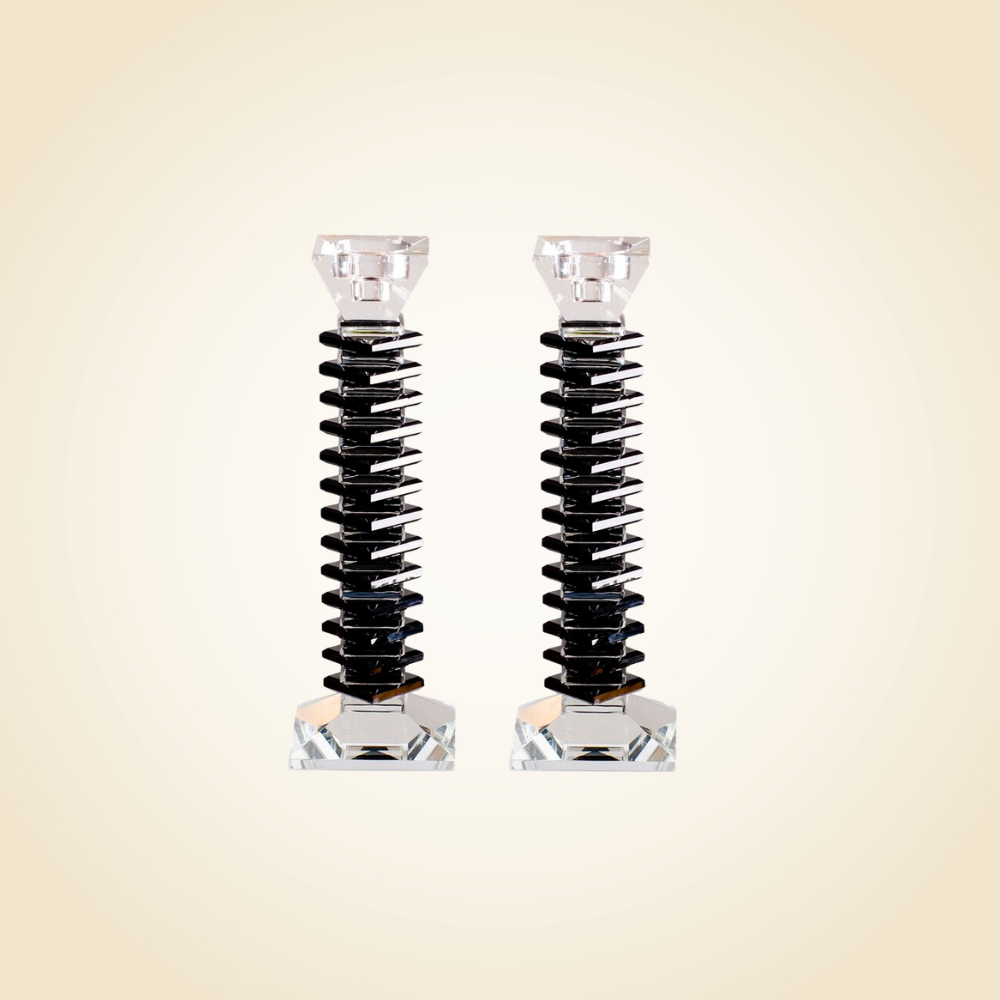 Black Stacked Design Crystal Candlesticks Set