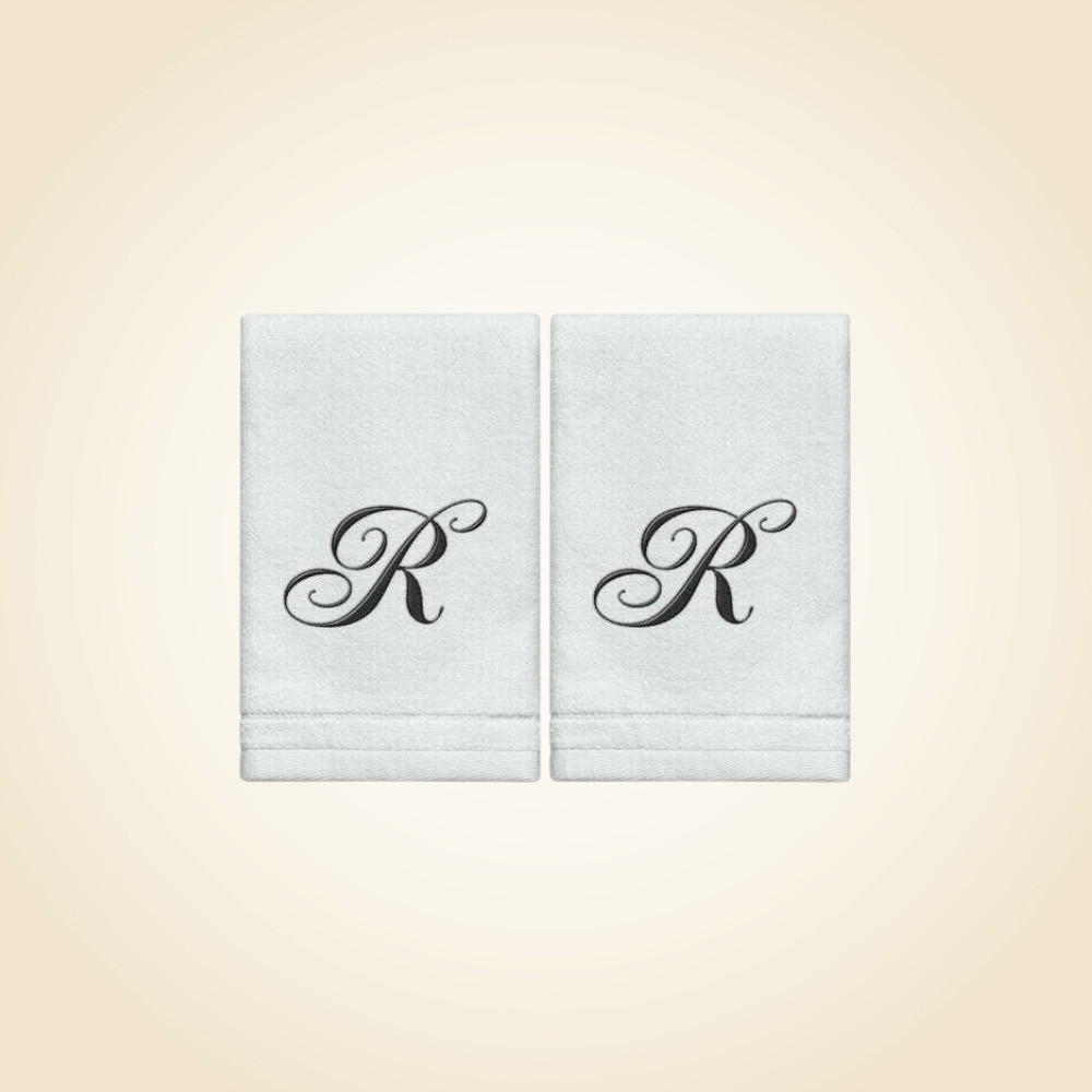 2 White Towels with Black Letter R