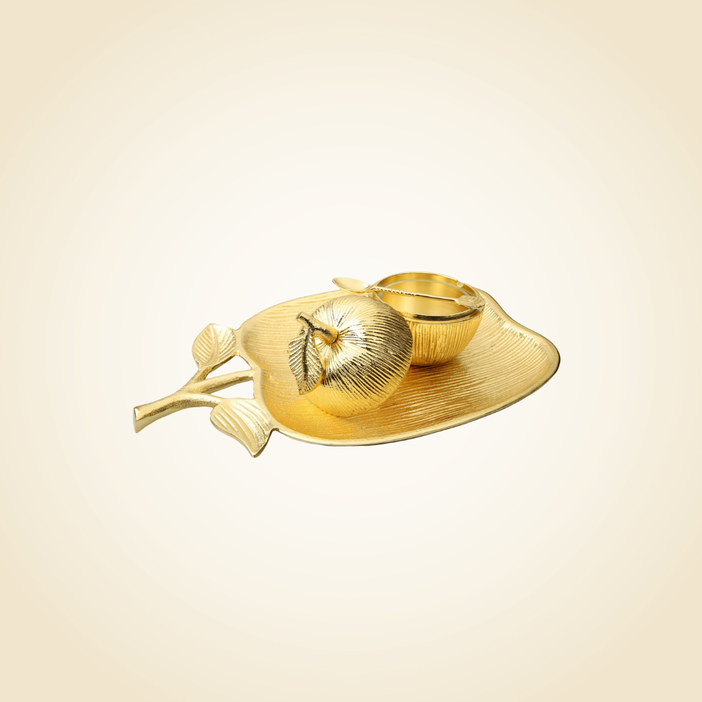 Gold Apple Honey Dish &amp; Plate Large