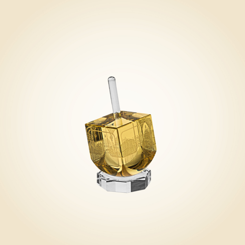 Crystal Amber Dreidel w Scenes of Old Jerusalem on Stand